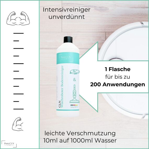 PureCLN Wischroboter Reinigungsmittel Schaumarm, 1L Konzentrat - Reinigungsmittel für Nasssauger und Saugwischer, frisch & streifenfrei - Bodenreiniger Wischroboter für allen Hartböden und Holz