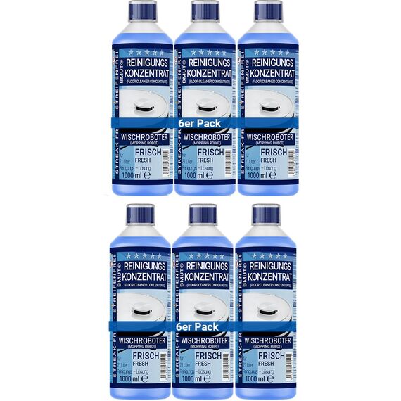 6x 1000ml Wischroboter Reinigungsmittel Konzentrat | extra frischer Duft | streifenfrei & schaumarm + Dosierbecher | Bodenreiniger u.v.m.