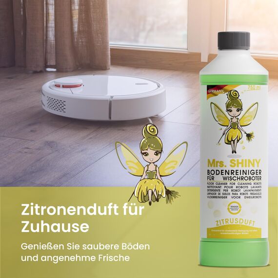 Mrs. SHINY - Wischroboter Reinigungsmittel mit Frischeduft - streifenfreie Sauberkeit & schnelles Trocknen - Bodenreiniger Wischroboter - Kompatibel mit allen Saugwischern - 750ml (Zitrone)