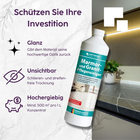 HOTREGA Marmor und Granit Pflegereiniger 4x 1 Liter | Konzentrat für streifenfreie Natursteinpflege | Ideal für Marmor & polierte Granitoberflächen