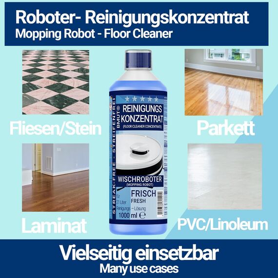 6x 1000ml Wischroboter Reinigungsmittel Konzentrat | extra frischer Duft | streifenfrei & schaumarm + Dosierbecher | Bodenreiniger u.v.m.