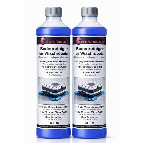 Bodenreiniger für Wischroboter (2 x 1 L Flasche) Reinigungsmittel Konzentrat für alle Wisch & Saugroboter mit Nass-Funktion | Schaumarm & Streifenfrei | mit ausgeprägtem Frischeduft