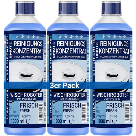 3x 1000ml Wischroboter Reinigungsmittel Konzentrat | extra frischer Duft | streifenfrei & schaumarm + Dosierbecher | Bodenreiniger u.v.m.