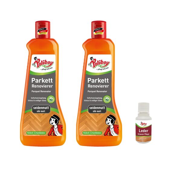 POLIBOY Parkett Renovierer Seidenmatt - Bodenaufbereiter für Parkettversiegelung - 2x 500ml - Mit Produktprobe - Made in Germany