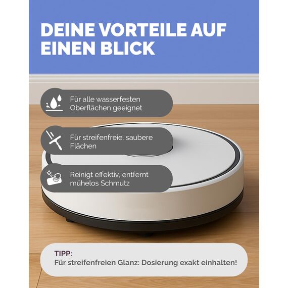 Bodenreiniger für Wischroboter (1l Flasche) Reinigungsmittel Konzentrat für alle Wisch & Saugroboter mit Nass-Funktion | Schaumarm & Streifenfrei | mit ausgeprägtem Frischeduft