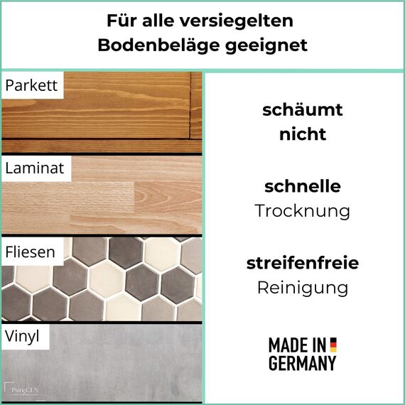 PureCLN Wischroboter Reinigungsmittel Schaumarm, 1L Konzentrat - Reinigungsmittel für Nasssauger und Saugwischer, frisch & streifenfrei - Bodenreiniger Wischroboter für allen Hartböden und Holz