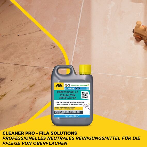 FILA Surface Care Solutions, CLEANER PRO, Professionelles Neutrales Fliesenreiniger Intensiv, All Purpose Cleaner, Reiniger für PVC Bodenbelag, Parkett, Vinylboden, etc. Bis zu 40 Wäschen, 1L