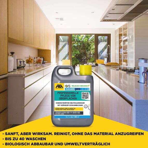 FILA Surface Care Solutions, CLEANER PRO, Professionelles Neutrales Fliesenreiniger Intensiv, All Purpose Cleaner, Reiniger für PVC Bodenbelag, Parkett, Vinylboden, etc. Bis zu 40 Wäschen, 1L