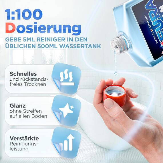 NeuraClean Bodenreiniger Wischroboter Reinigungsmittel [Extra Stark] Schaumarm 750ml - Saugroboter Reinigungsmittel für streifenfreie Reinigung mit Duft - Reiniger für Saugwischer aller Art