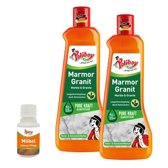 POLIBOY Marmor Granit Pflege - Imprägnierendes Pflegemittel für Naturstein - Glanzpolitur mit Schutzwirkung - 2x 500 ml - Mit Möbelprobe - Made in Germany