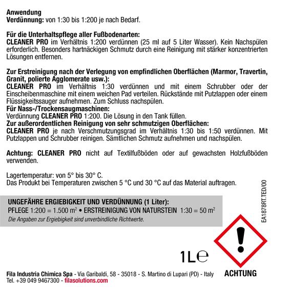 FILA Surface Care Solutions, CLEANER PRO, Professionelles Neutrales Fliesenreiniger Intensiv, All Purpose Cleaner, Reiniger für PVC Bodenbelag, Parkett, Vinylboden, etc. Bis zu 40 Wäschen, 1L