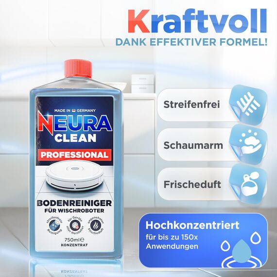 NeuraClean Bodenreiniger Wischroboter Reinigungsmittel [Extra Stark] Schaumarm 750ml - Saugroboter Reinigungsmittel für streifenfreie Reinigung mit Duft - Reiniger für Saugwischer aller Art