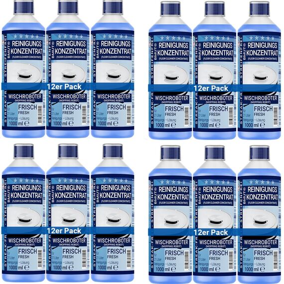 12x 1000ml Wischroboter Reinigungsmittel Konzentrat | extra frischer Duft | streifenfrei & schaumarm + Dosierbecher | Bodenreiniger u.v.m.