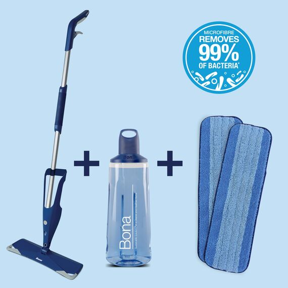 Bona Spray Mop Premium Bodenwischer mit Sprühfunktion für Holzboden und Parkett, Sprühwischer Wischmopp Set, Parkettreiniger mit Mikrofaser Reinigungspad