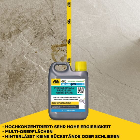 FILA Surface Care Solutions, CLEANER PRO, Professionelles Neutrales Fliesenreiniger Intensiv, All Purpose Cleaner, Reiniger für PVC Bodenbelag, Parkett, Vinylboden, etc. Bis zu 40 Wäschen, 1L
