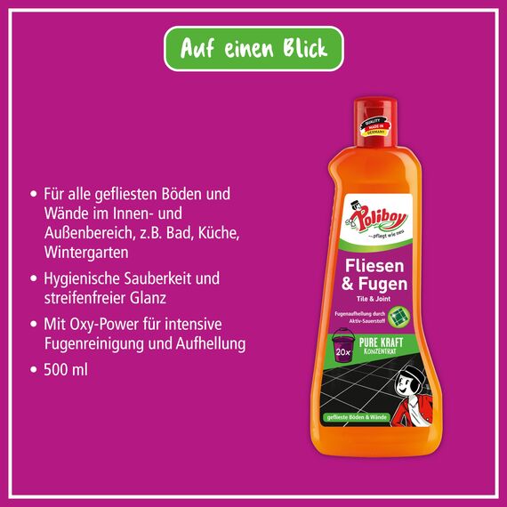 POLIBOY Fliesen & Fugen Reiniger - Bodenreiniger mit Oxy-Power für Fliesen - Wischkonzentrat für innen und außen- 3x 500ml - Mit Produktprobe - Made in Germany
