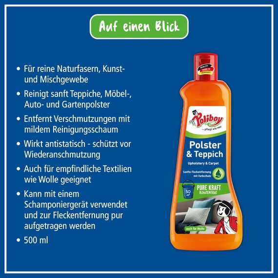 Poliboy - Polster Teppich Reiniger - sanfte Fleckentfernung - Reiniger für Polster und Teppiche - Bodenreinigung - 5er Pack - 5x500ml (2,5 Liter) - Made in Germany