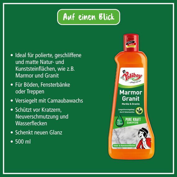 POLIBOY Marmor Granit Pflege - Imprägnierendes Pflegemittel für Naturstein - Glanzpolitur mit Schutzwirkung - 2x 500 ml - Mit Produktprobe - Made in Germany