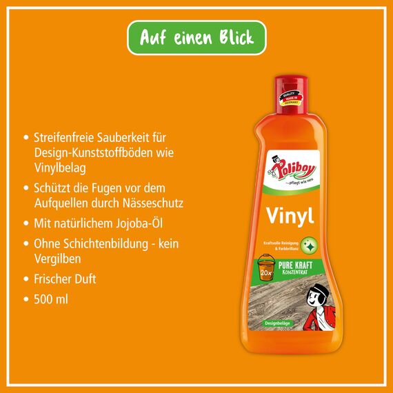 POLIBOY Vinyl Reiniger - Bodenreiniger für Designbelag - Wischpflege als Reinigungskonzentrat mit Jojobaöl - 3x 500 ml - Mit Produktprobe - Made in Germany