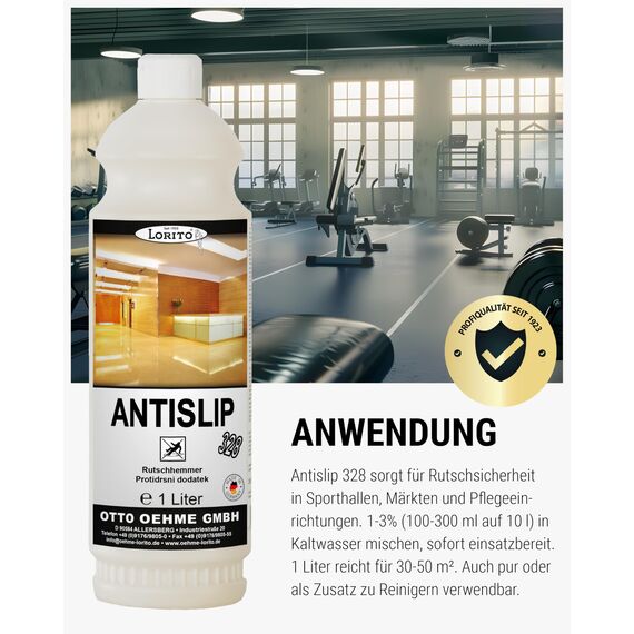 Lorito Antislip Rutschhemmer 328 1L - Anti-Rutsch-Flüssigkeit für Fliesen, Laminat, Parkett, Marmor, Granit, Sporthallen, Sportböden, PVC, Gummi, Linoleum & Polyolefin