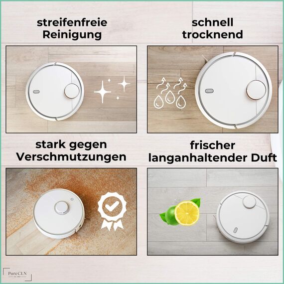 PureCLN Wischroboter Reinigungsmittel Schaumarm, 1L Konzentrat - Reinigungsmittel für Nasssauger und Saugwischer, frisch & streifenfrei - Bodenreiniger Wischroboter für allen Hartböden und Holz