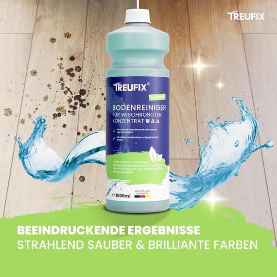 Treufix Bodenreiniger für Wischroboter Reinigungsmittel Konzentrat 1L | Kompatibel mit allen Wisch- & Saugroboter mit Nass Funktion für streifenfreie und schaumarme Sauberkeit | Made in DE
