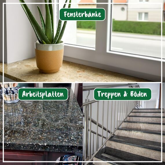 POLIBOY Marmor Granit Pflege - Imprägnierendes Pflegemittel für Naturstein - Glanzpolitur mit Schutzwirkung - 2x 500 ml - Mit Produktprobe - Made in Germany