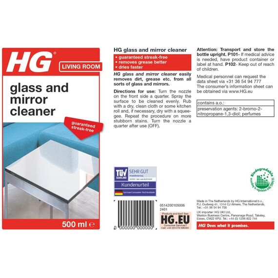 HG Glas und Spiegel Reiniger, streifenfreie Reinigungsformel, entfernt schnell & effektiv Fett und Schmutz von Fenstern und Oberflächen - 500 ml Spray (Packung mit 2)