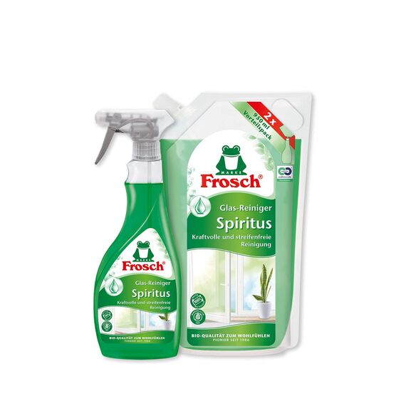 Frosch Spiritus Glas Reiniger, Glasreiniger - perfekter, streifenfreien Glanz - für Haushalt, Flächen und Autoscheiben, Nachfüllbeutel, 1er Pack (1 x 950 ml)