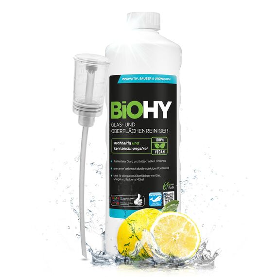 BiOHY Glas- und Oberflächenreiniger (1l Flasche) + Dosierer | Glasreiniger Konzentrat für streifenfreien Glanz | ergiebiger Glas & Kunststoffreiniger | Fettlöser & Kalkreiniger