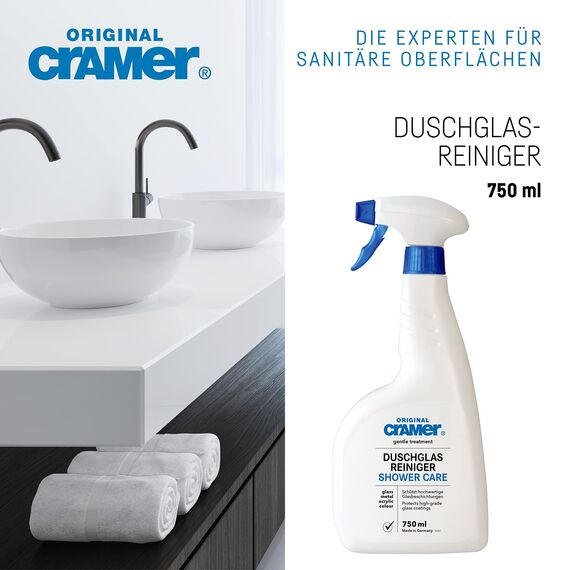 Cramer Duschglas-Reiniger 750 ml gegen Kalk und Schmutz - für Glasdusche, Duschkabine - besonders schonender Spezialreiniger für beschichtete & unbeschichtete Glasoberflächen