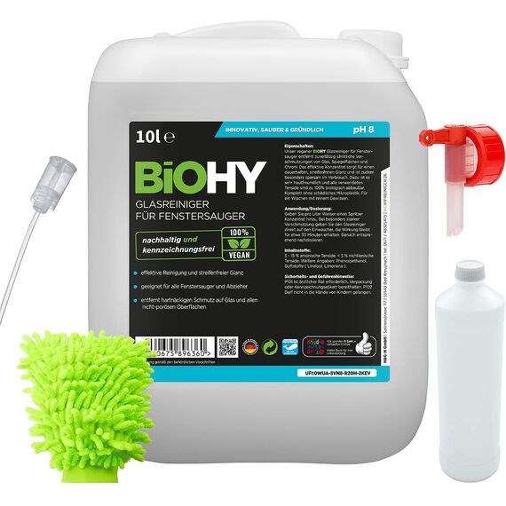 BiOHY Glas- und Oberflächenreiniger-Set 10 Liter Kanister + Zubehör | Glas- und Oberflächenreiniger | Auslaufhahn | Dosierer | Mischbehälter | Staubhandschuh |Ökologisches Reinigungsmittel