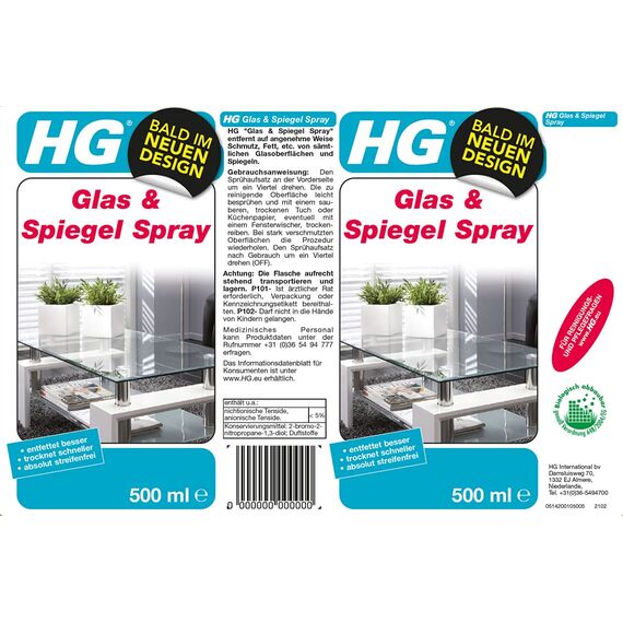 HG Glas und Spiegel Reiniger, streifenfreie Reinigungsformel, entfernt schnell & effektiv Fett und Schmutz von Fenstern und Oberflächen - 500 ml Spray (Packung mit 2)