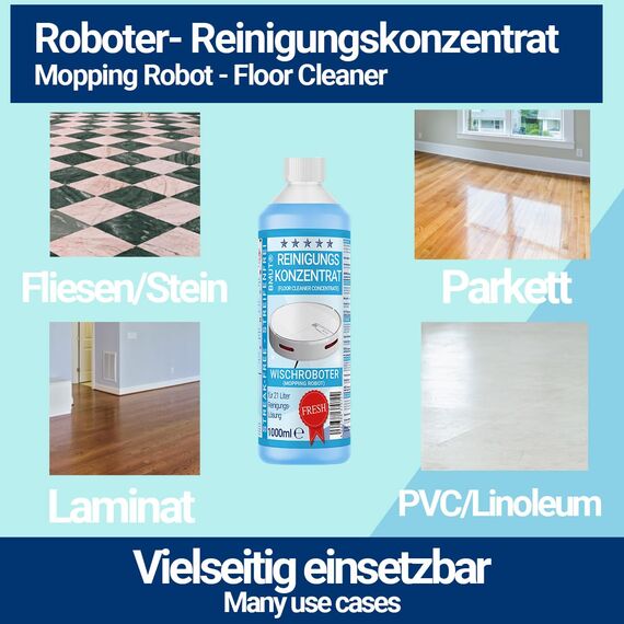 3x 1000ml Wischroboter Reinigungsmittel Konzentrat mit Frische-Duft & Dosierbecher | Streifenfrei & schaumarm | Saugwischer | Bodenreiniger