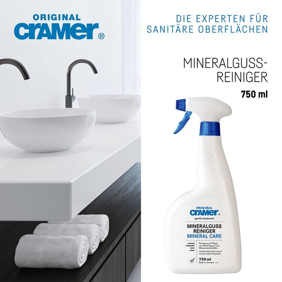 Cramer Mineralguss Badreiniger 750 ml gegen Kalk und Schmutz - Sprühreiniger für Mineralguss, Waschbecken, Badewannen - schonender Spezialreiniger für glänzende & matte Kunststein-Oberflächen