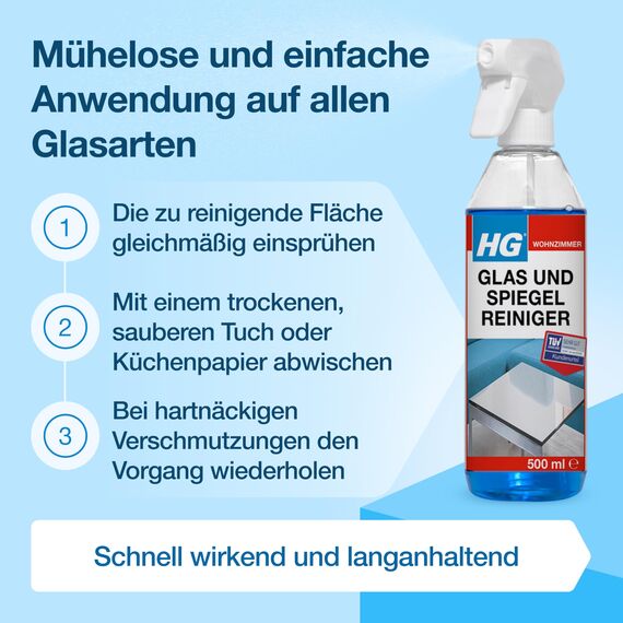 HG Glas- & Spiegelreiniger, streifenfreier Glasreiniger, entfernt schnell Fett & Schmutz von Fenstern und Oberflächen, Sprühflasche - 500 ml