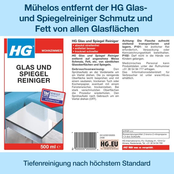 HG Glas- & Spiegelreiniger, streifenfreier Glasreiniger, entfernt schnell Fett & Schmutz von Fenstern und Oberflächen, Sprühflasche - 500 ml