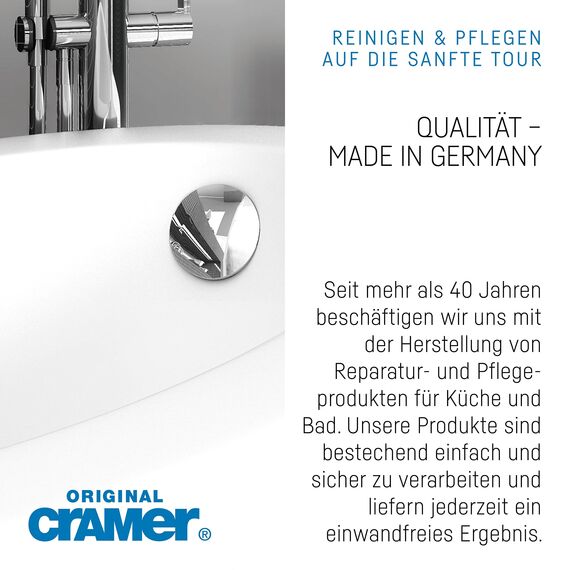 Cramer Mineralguss Badreiniger 750 ml gegen Kalk und Schmutz - Sprühreiniger für Mineralguss, Waschbecken, Badewannen - schonender Spezialreiniger für glänzende & matte Kunststein-Oberflächen
