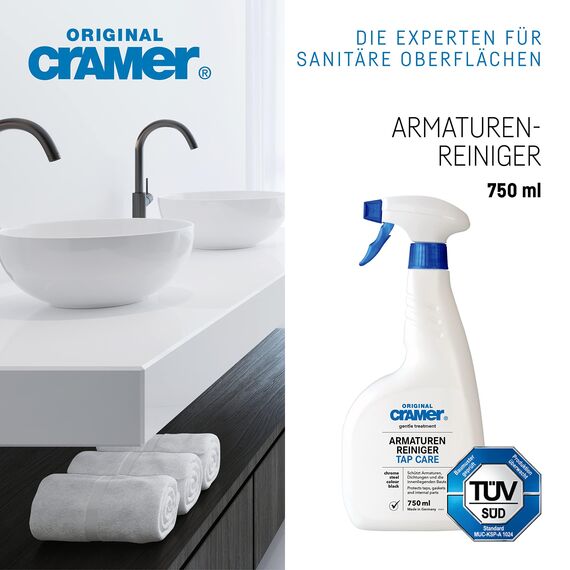 Cramer Armaturen Reiniger 750 ml gegen Kalk und Schmutz - auch für schwarze Armaturen und Whirlpool-Düsen - besonders schonender und wirkungsvoller Spezialreiniger für brillante Metall-Oberflächen
