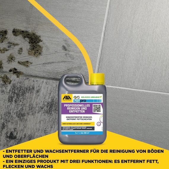 FILA Surface Care Solutions, PS87 PRO, 1 Produkt, 3 Funktionen: Entfetter reiniger, Edding Entferner und Wachsentferner, Intensiv Fettlöser, Steinreiniger Intensiv Aussen, Sgrassatore, 1L