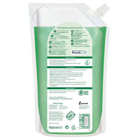 Frosch Spiritus Glas Reiniger, Glasreiniger - perfekter, streifenfreien Glanz - für Haushalt, Flächen und Autoscheiben, Nachfüllbeutel, 1er Pack (1 x 950 ml)