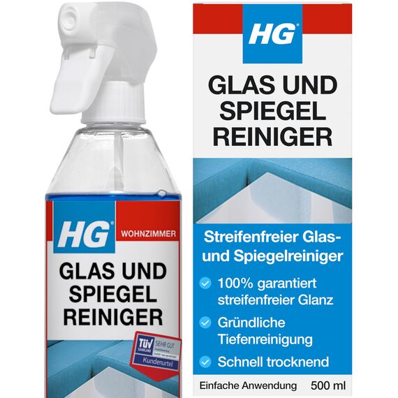 HG Glas- & Spiegelreiniger, streifenfreier Glasreiniger, entfernt schnell Fett & Schmutz von Fenstern und Oberflächen, Sprühflasche - 500 ml