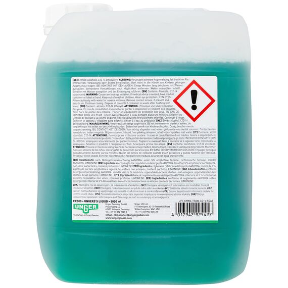 UNGER Glasreiniger UNGER’s Liquid (5 Liter, Konzentrat, Mischverhältnis 1:100, pH-neutral, streifenfreie Fenster, Sicherheitsverschluss, Dosierungs-Skala) FR500