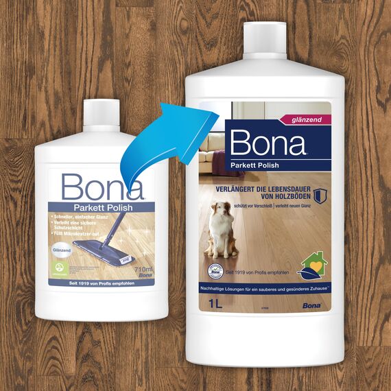 Bona Parkett Öl Polish Glänzend, Parkettreiniger und Parkettpflege für lackierte Holzböden 1 L, Parkett Politur, Parkett Pflegemittel, Parkett Versiegelung