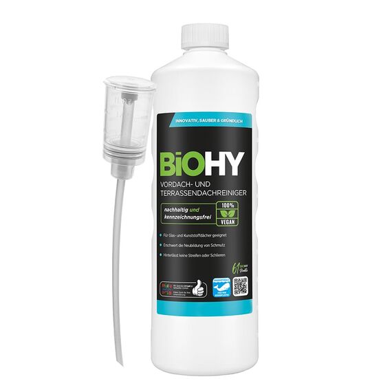 BiOHY Vordach- und Terrassenreiniger (1l Flasche) + Dosierer | Bio Konzentrat für Glasdächer, Kunststoffdächer, Wintergärten | Nachhaltige Reinigung & Pflege | Hohe Wirksamkeit und strahlender Glanz