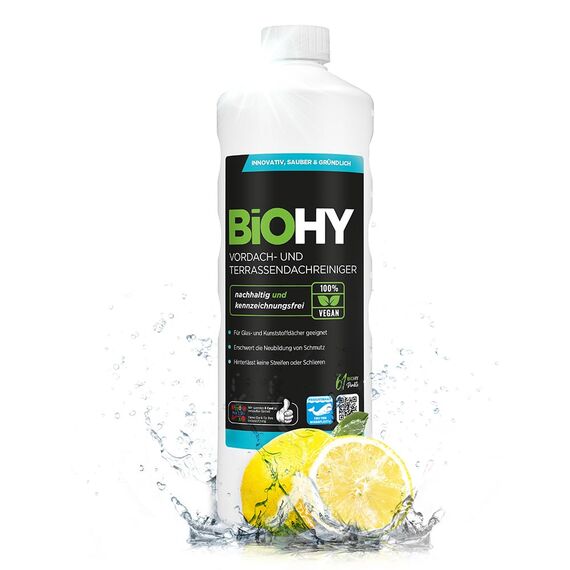 BiOHY Vordach- und Terrassenreiniger (1l Flasche) | Bio Konzentrat für Glasdächer, Kunststoffdächer, Wintergärten | Nachhaltige Reinigung & Pflege | Hohe Wirksamkeit und strahlender Glanz