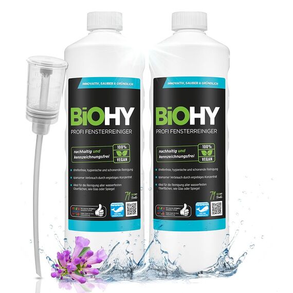 BiOHY Profi Fensterreiniger (2 x 1 liter) + Dosierer | Glasreiniger Konzentrat | für Fenstersauger geeignet | streifenfreie Reinigung von Glas-, Fenster- & Spiegelflächen | ideal für Haushalt & Auto