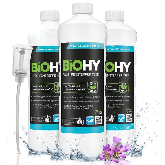 BiOHY Profi Fensterreiniger (3 x 1 Liter) + Dosierer | Glasreiniger Konzentrat | für Fenstersauger geeignet | streifenfreie Reinigung von Glas-, Fenster- & Spiegelflächen | ideal für Haushalt & Auto