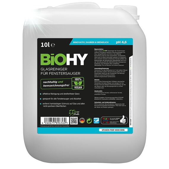 BiOHY Glasreiniger für Fenstersauger (10 Liter Kanister) | Fensterreiniger Konzentrat für alle Fenstersauger | Bio Reinigungsmittel sorgt für streifenfreien Glanz | Glasreiniger