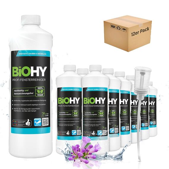 BiOHY Profi Fensterreiniger (12 x 1 Liter) + Dosierer | Glasreiniger Konzentrat | für Fenstersauger geeignet | streifenfreie Reinigung von Glas-, Fenster- & Spiegelflächen | ideal für Haushalt & Auto